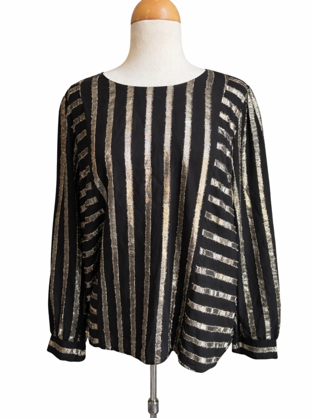 Alfani Black Metallic Stripe Blouse Women L Sheer Long Sleeve Flowy Top